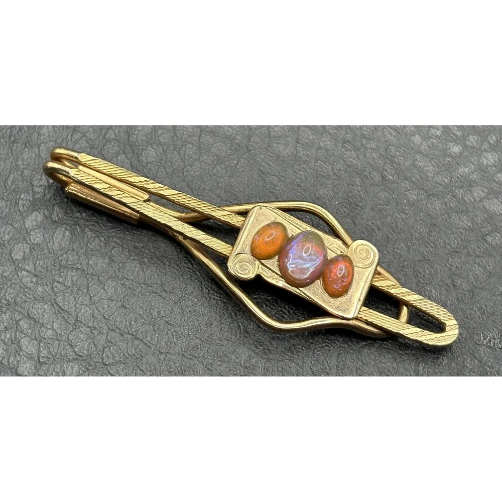 Vintage Dragon's Breath Cabochon Gold Plated Scroll Detail Tie Bar Clip Pin